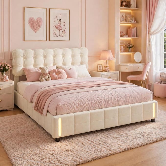 Gestoffeerd Bed - Opbergbed - Slaapkamer Inrichten - Hydraulisch Systeem - 140x200 cm - Beige