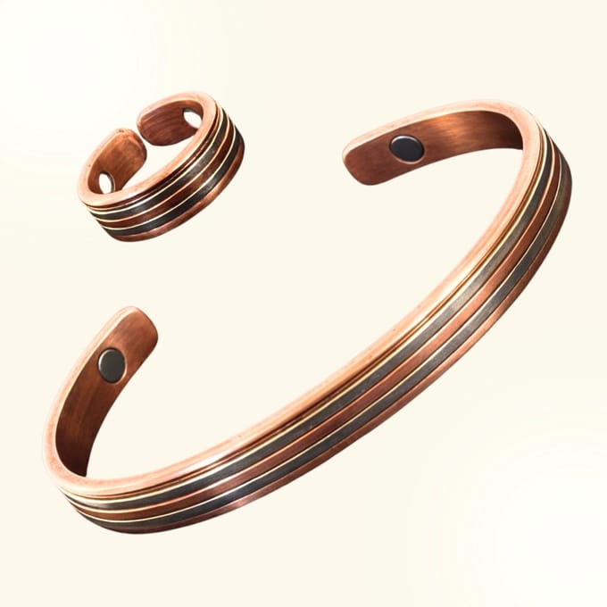 Set koperen gezondheids-klemarmband plus verstelbare ring (beiden 2 magneten)