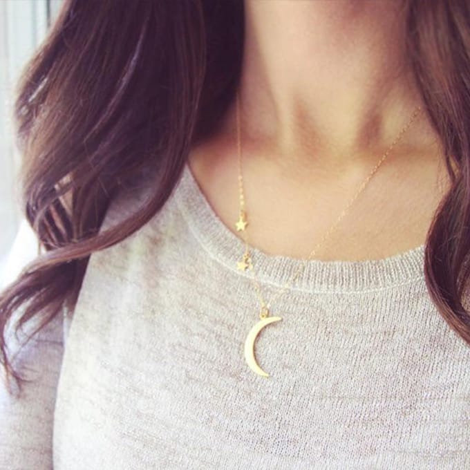 Mode, Romantisch Koppel, Metalen Maan, Ster Combinatie Sleutelbeenketting Korte Ketting beige
