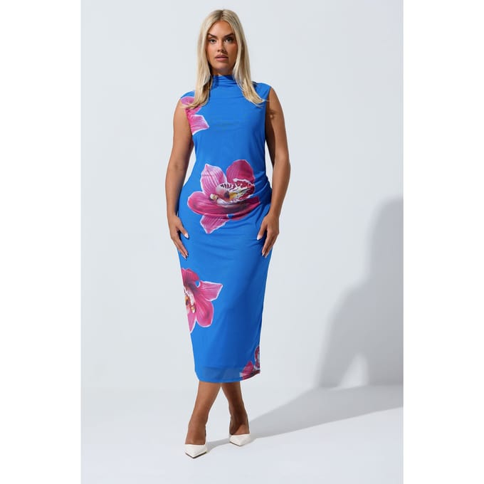 Limited Collection Blauwe Bloemenprint Mesh Jurk Size 48