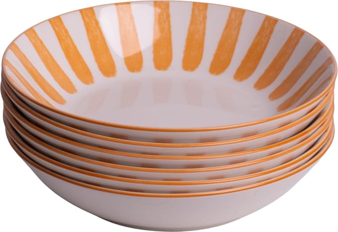 Set van 6 diepe borden - pastaborden - 20 cm - 6 persoons - wit met oranje streep - aardewerk - Valencia style - Kade 171 borden - hip en trendy