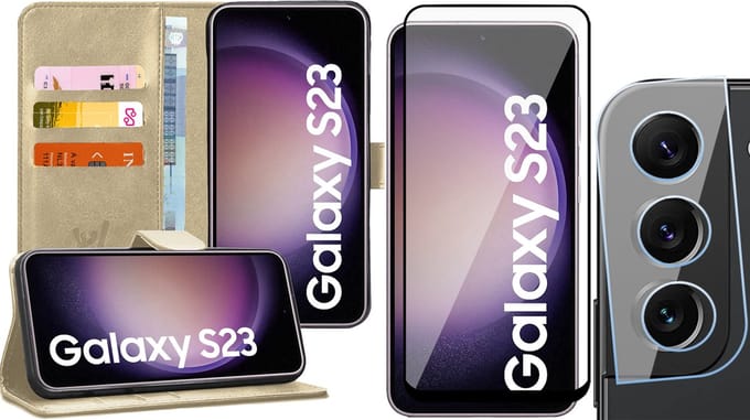 Hoesje geschikt voor Samsung Galaxy S23 - Screenprotector FullGuard & Camera Lens Screen Protector - Book Case Kunstleer Pasjeshouder Goud