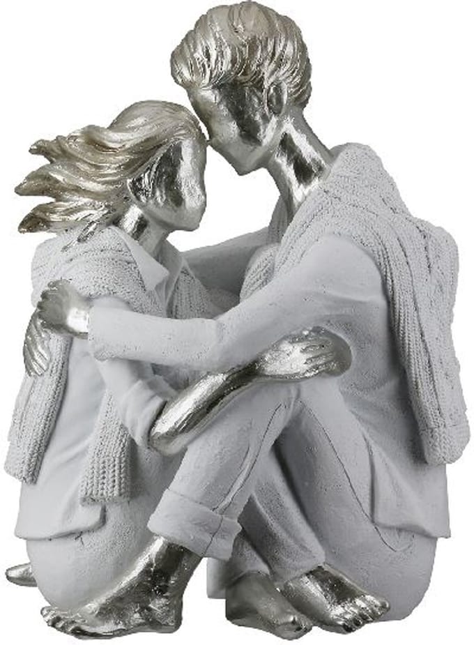 Sculptuur - Liefdespaar - Omhelzend - Geborgenheid - Zilver en Wit - Beeld - Polyresin