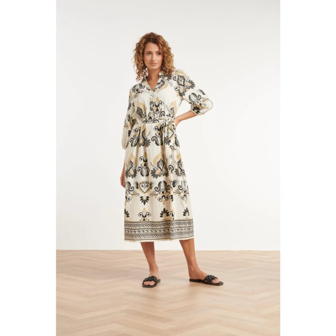 Smashed Lemon Crème midi jurk met ornament print en tailleceintuur |