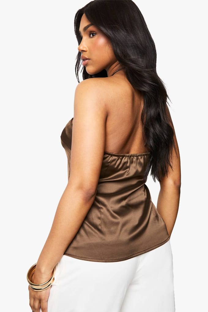 boohoo Dames Goudomlijnde Satin Halter Top | Chocolate | Maat: 10