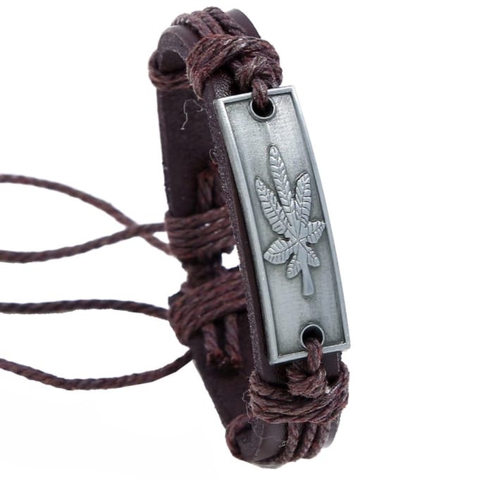 Fako Bijoux® - Leren Armband - Leder - Plate Weed - Bruin