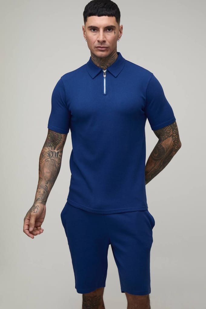 Lange Slanke Pasvorm Wafel Ritshals Polo & Shorts Set | Navy | Size XL