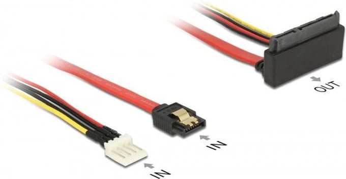 Floppy (m) + SATA data (v) naar haakse SATA data en 5V + 12V voeding kabel - SATA600 - 6 Gbit/s / rood - 0,30 meter