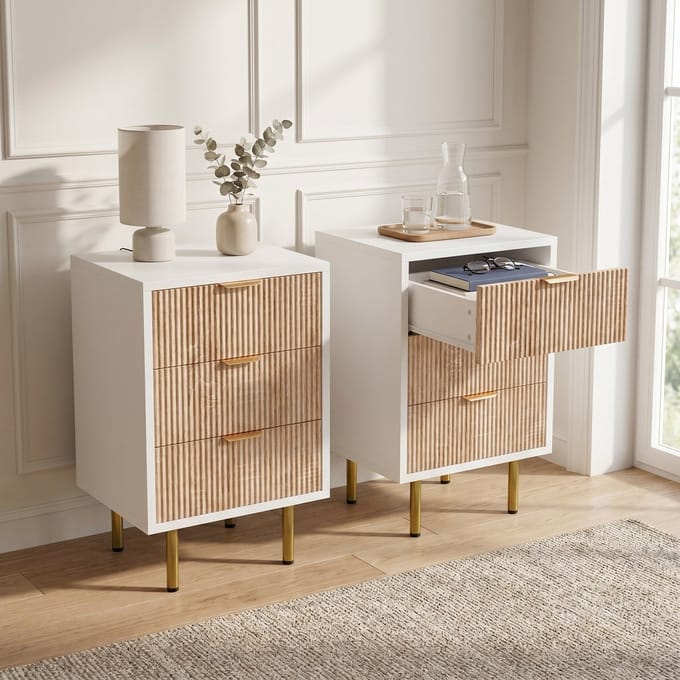 Set van 2 Nachtkastjes - 40x40x65cm - met 3 lades - geribbelde fronten - hout en metaal - modern - Wit