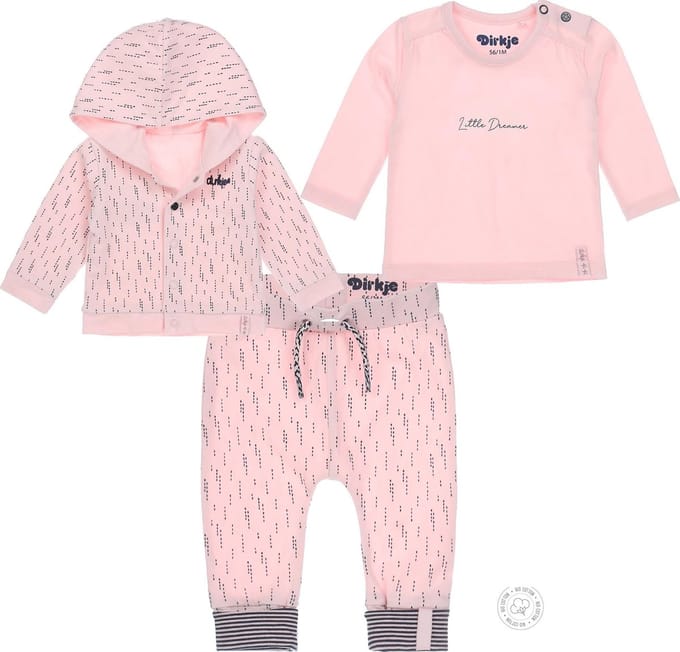 Dirkje Bio Basic SET(3delig) Roze Vest, Roze broek met print en roze shirt - Maat 80
