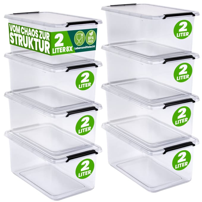 DEUBA Opbergbox Set van 8 - 2l BPA Vrij Stapelbaar - 19,5x15x11,5cm
