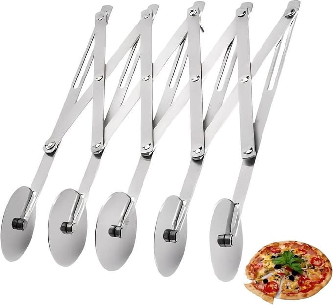 Verstelbare deegsnijder met 5 wielen, roestvrijstalen pastacutter voor pizza, pannenkoeken en bladerdeeg