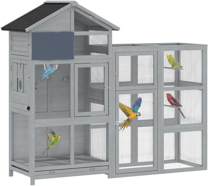 PawHut Vogelkooi-dennenhout, metaal-196L x 60B x 164,5H cm-grijs
