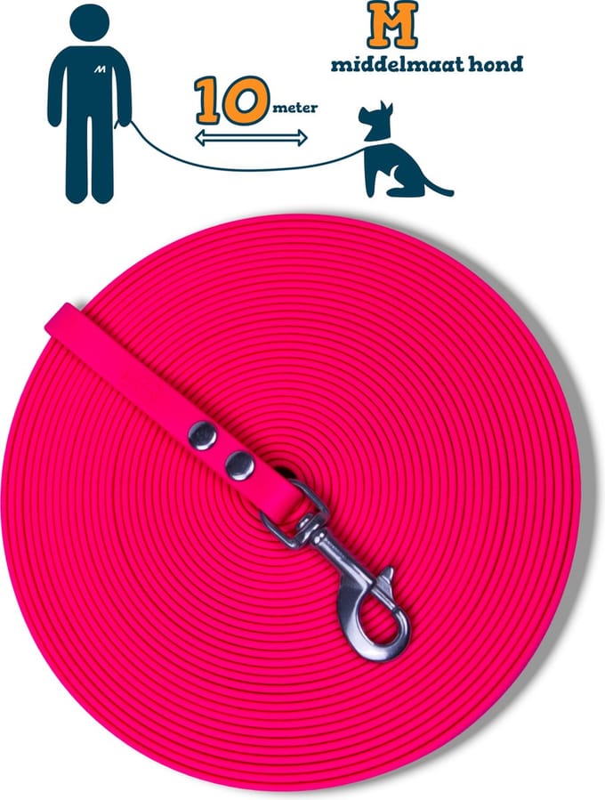 Miqdi BioThane® Sleeplijn 10 meter – zonder handvat – M (13 mm) – neon roze – waterdicht & sterk