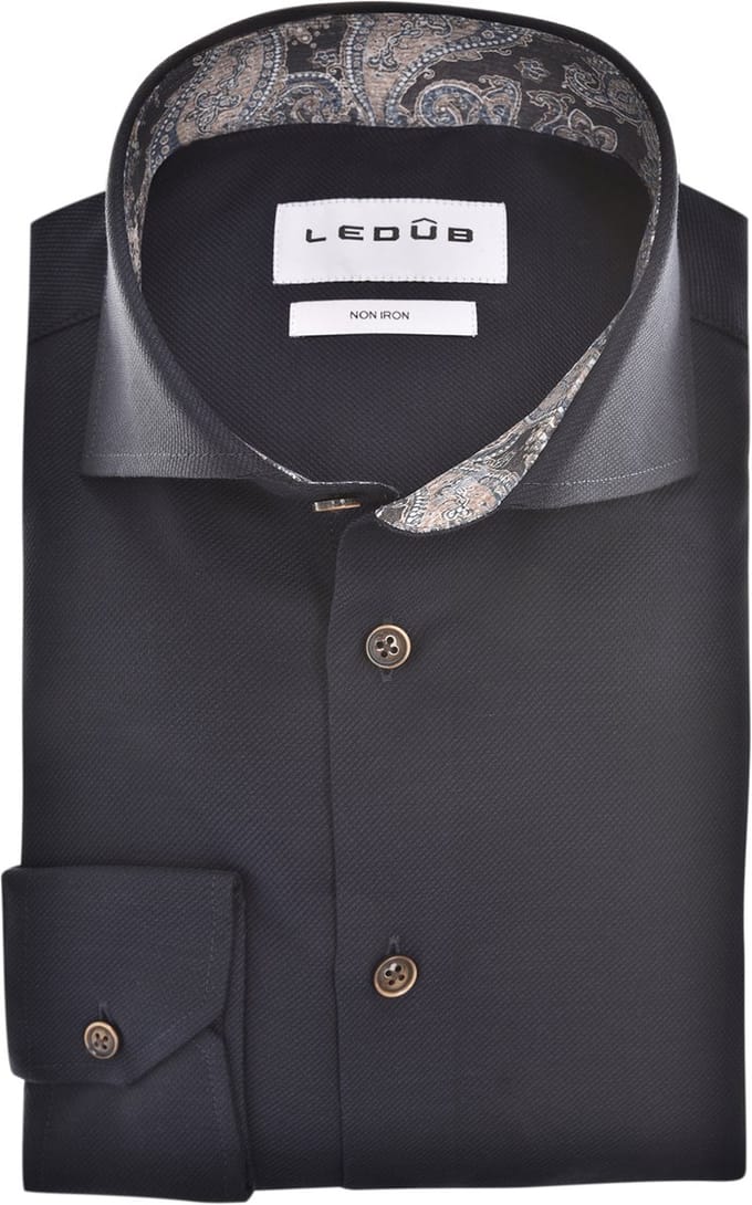 Ledub modern fit overhemd - popeline - donkerblauw - Strijkvrij - Boordmaat: 38