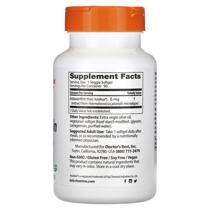 Doctor's Best, Astaxanthine avec AstaReal, 6 mg, 90 Gélules Végétales Molles