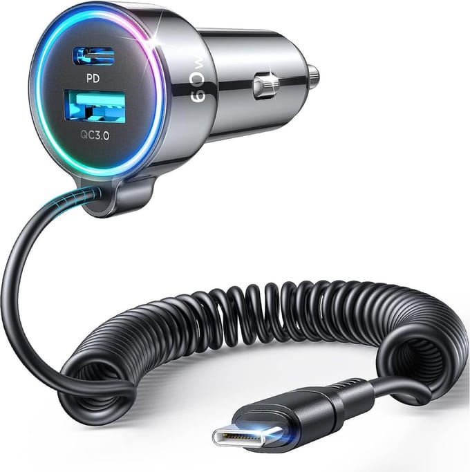 Autolader met Bedrade USB C Kabel 1.5 Meter - Snellader 72W - USB C en USB 3.0 - Joyroom