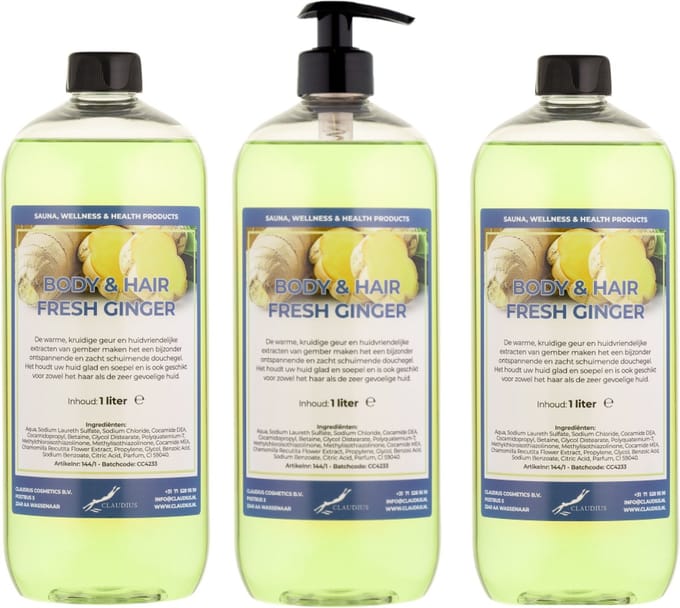 Body & Hair Fresh Ginger 1 Liter - met gratis pomp - set van 3 stuks - 2 in 1 voor lichaam en haar.