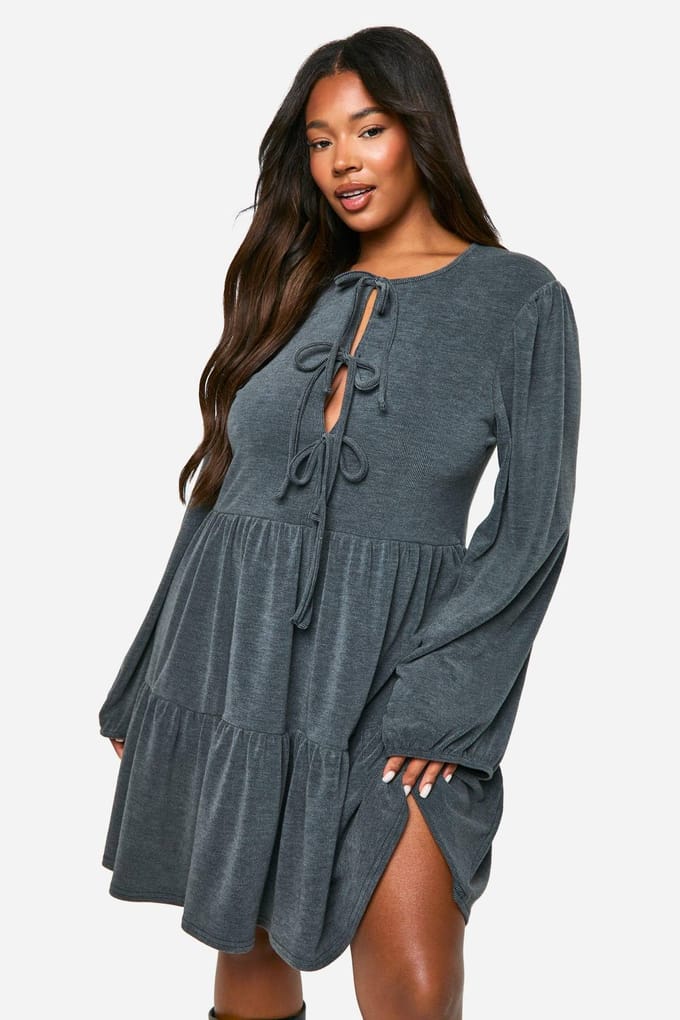 boohoo Dames Plus Two Tone Rib Tie Front Smock Jurk | Grijs | Maat: 56
