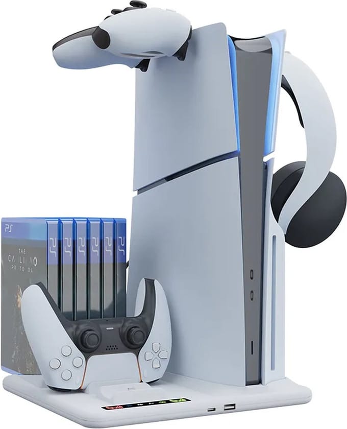 DrPhone CoolGuard - Multifunctionele Console Coolingstand voor PS5 Slim / Playstation 5 – Ingebouwde Verkoeling – Opslag Voor Cd’s – Twee Controllers Opladen – Headset Organizer - Wit