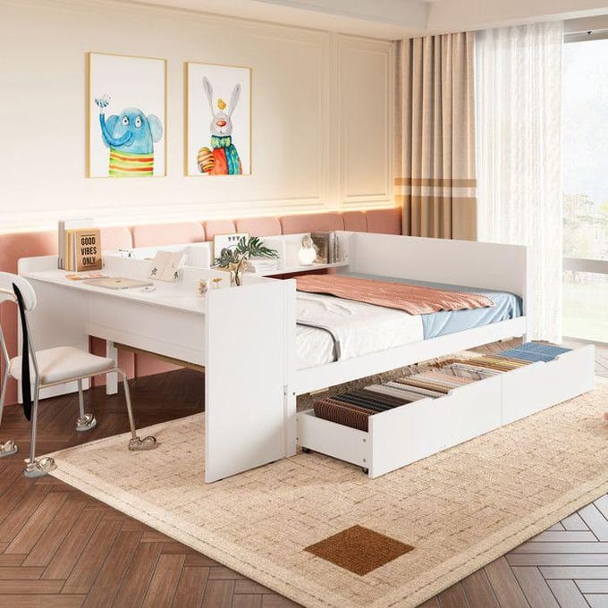 Lit double - MUVOE - 140x200 cm - Bois massif - Bureau à 2 tiroirs - Blanc blanc