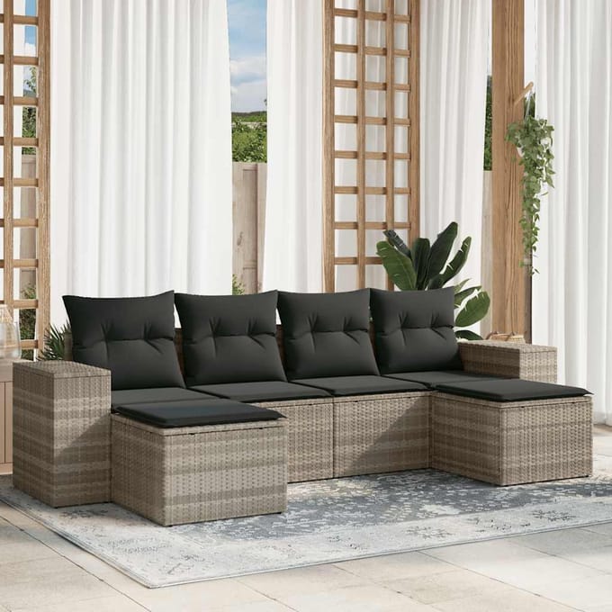 vidaXL - 6-delige - Loungeset - met - kussens - poly - rattan - lichtgrijs