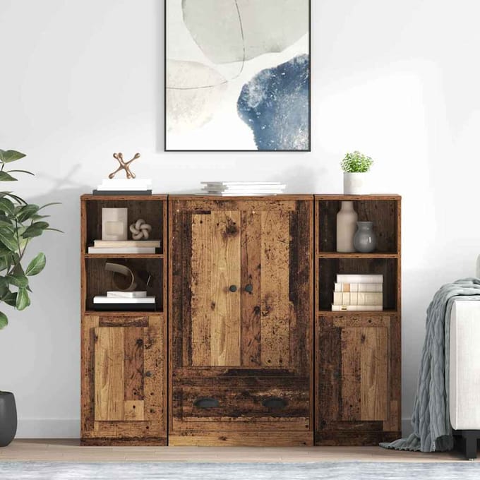 vidaXL - Highboard - 3 - st - Oud - Hout - 132 - x - 35,5 - x - 103,5 - cm - Bewerkt - hout