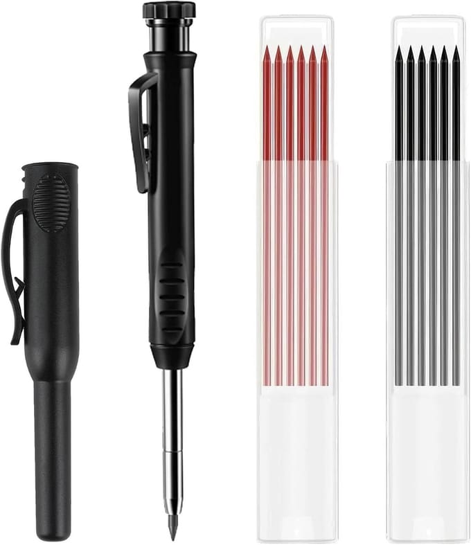Timmerstift met slijper - Markeerstift set - Houtbewerking markeren - Diep gat ontwerp - 12 reservevullingen - Zwart geel rood