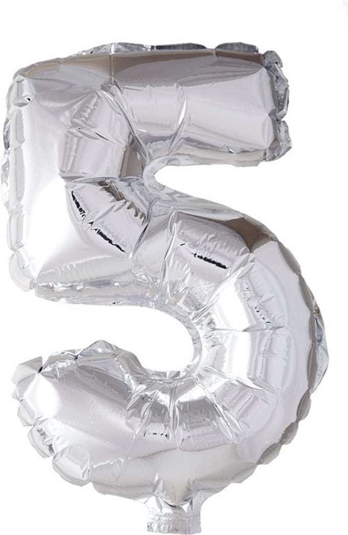 Folie ballon cijfer 5 zilver 41cm
