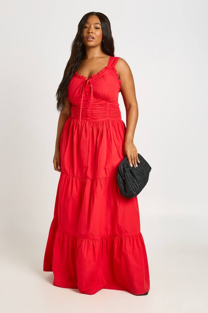 boohoo Dames Plus Gerimpelde Poplin Maxi Jurk | Rood | Maat: 46