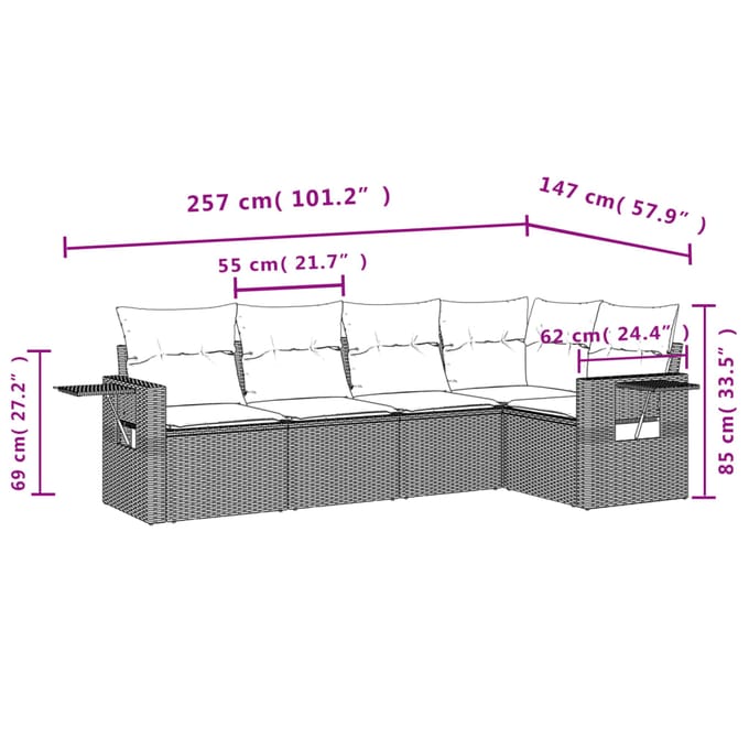 vidaXL - 5-delige - Loungeset - met - kussens - poly - rattan - beige