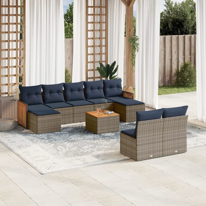 vidaXL - 10-delige - tuinbankset - met - kussens, - grijs - polyrotan