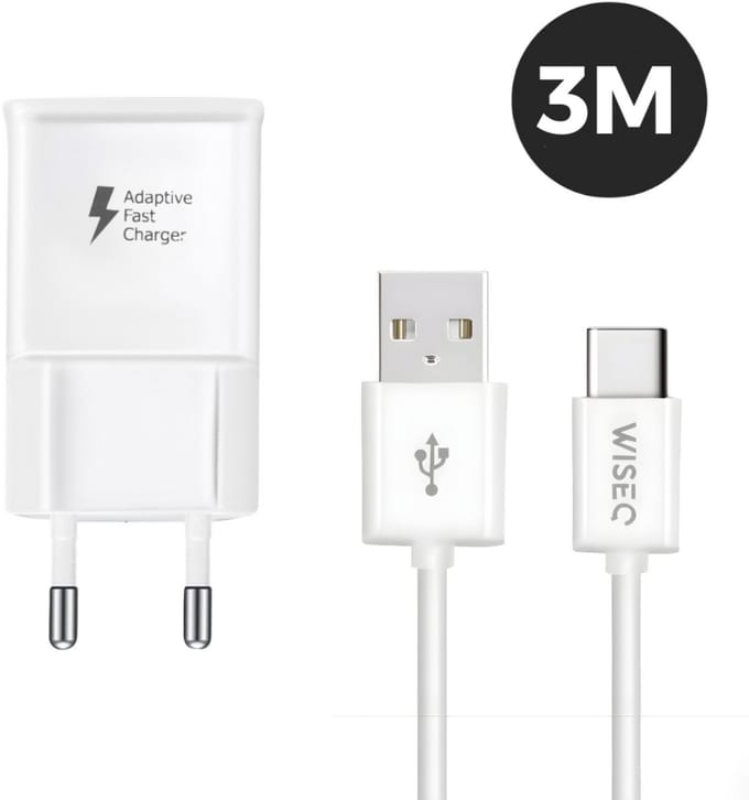 WiseQ Snellader USB C - Geschikt voor Samsung - 18W Fast Charger - Inclusief USB C Kabel 3 Meter - Wit