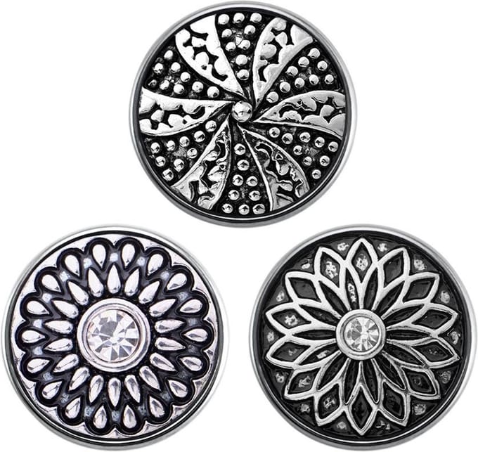Quiges - Chunk 18mm Click Button Drukknoop Set van 3 Stuks Zilverkleurig Mandala Bloemen - EBCMSET020