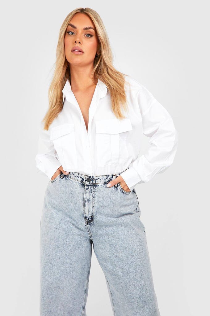 Dames Boohoo Basics Plus Oversized Katoenen Popeline Utility-Shirt | Wit | Maat: 52