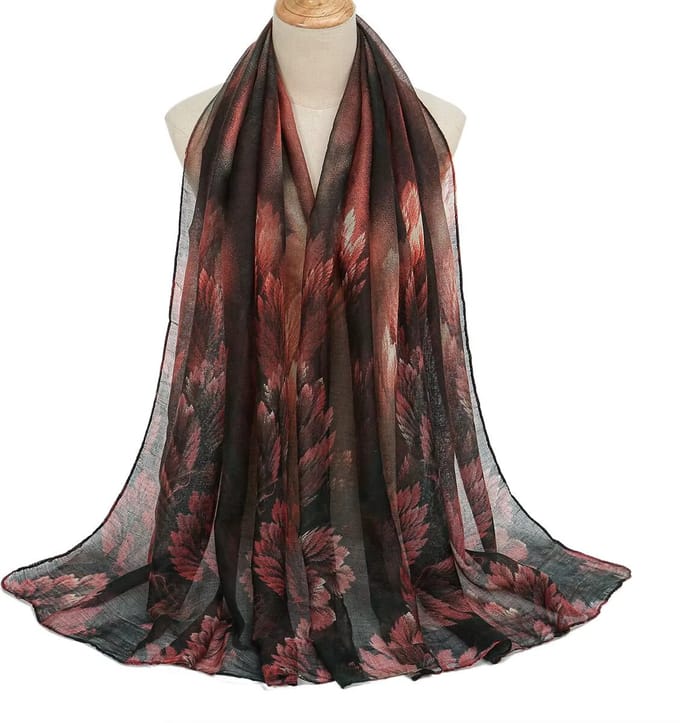 Donkerrode Bladprint Sjaal 180x80 cm – Elegante Dames Sjaal met Warme Herfsttinten van Polyester