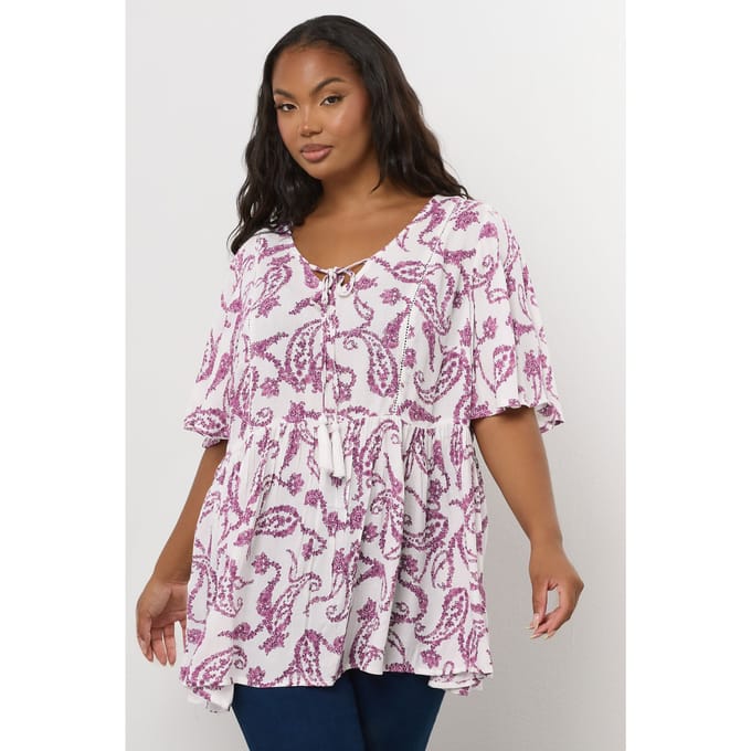 Yours Witte Paisley Print Top Met Strik Aan De Voorkant Size 48