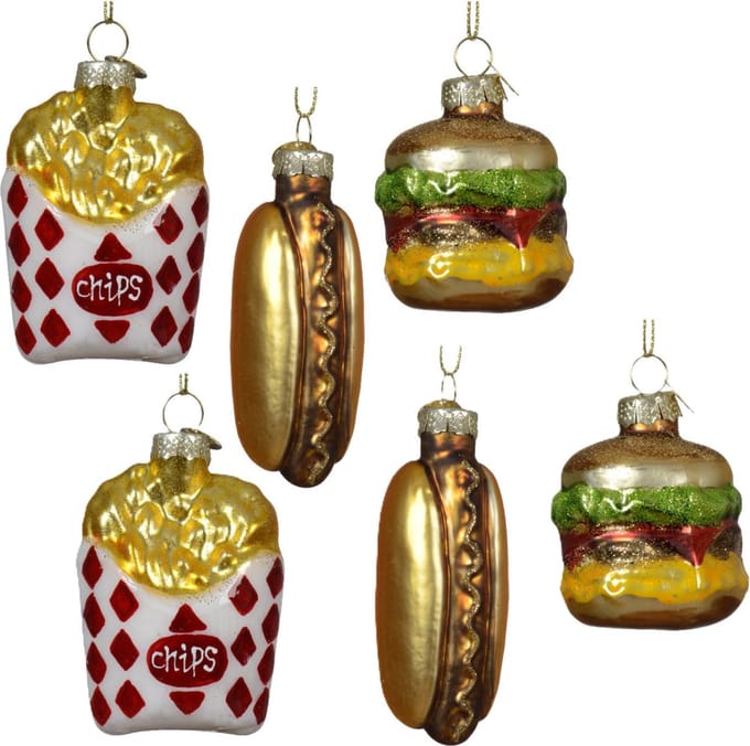 Decoris Kersthangers snacks - 6x stuks - goud - glas - patat - hotdog - hamburger