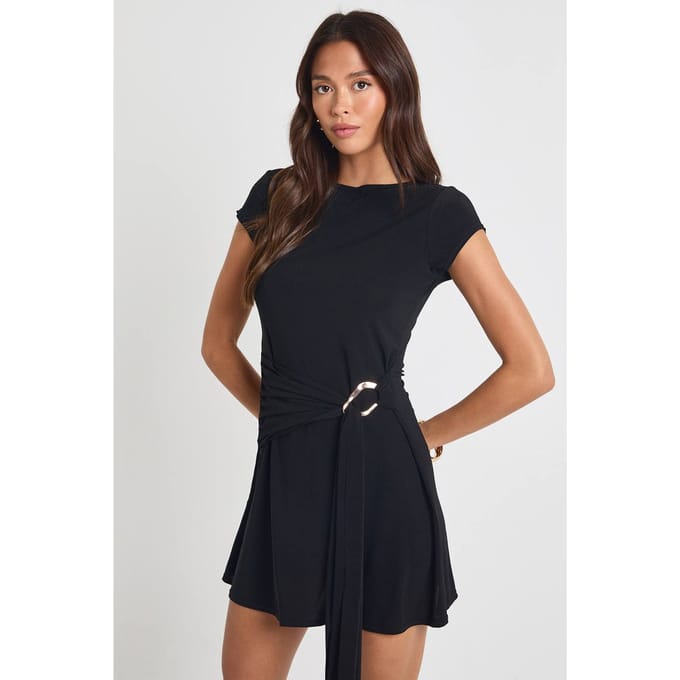boohoo Dames Slinky maxi-jurk met draperende voorzijde en gouden afwerking | Zwart | Maat: 36