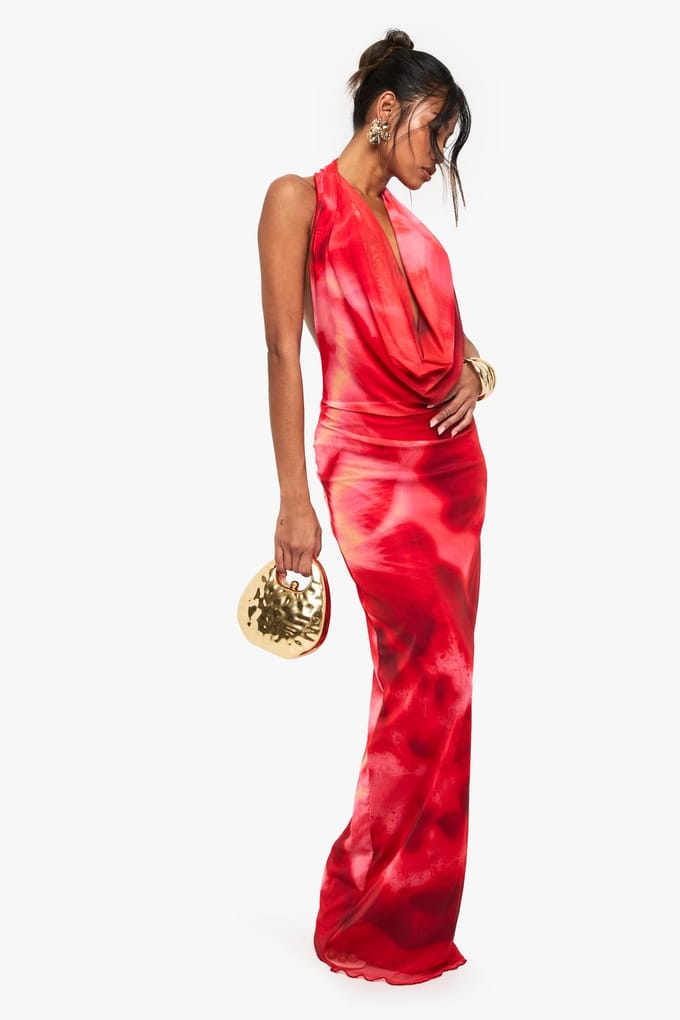boohoo Dames Florale halterneck mesh maxi-jurk | Red | Maat: 16