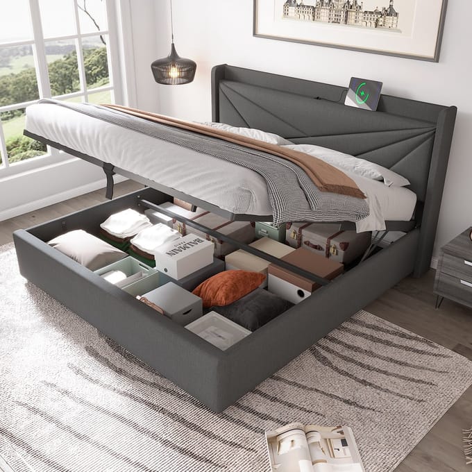Gestoffeerd Bed - 180x200 cm - Jeugdbed met Bedkast - USB-C Oplaadfunctie - Linnen