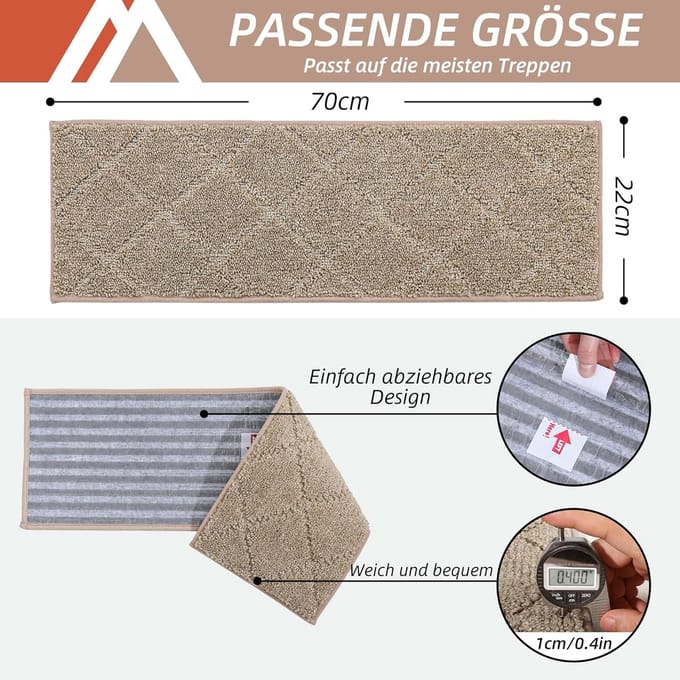 Famanu - set van 4 trapmat, 70 x 22 cm, antislip, zelfklevend, Machine wasbaar, 100% Polyester, TPE