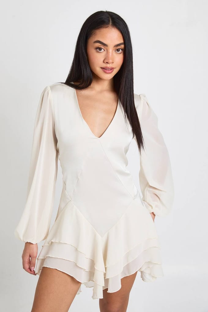 boohoo Dames Chiffon Mix Paneel Smock Jurk | Ivoor | Maat: 36