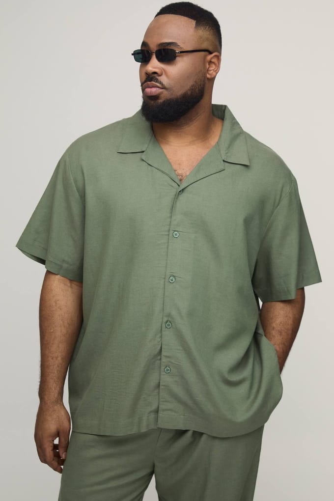 Plus Vakantie Linnen Blend Oversized Shirt & Ontspannen Broek Set | Olive | Size 2XL