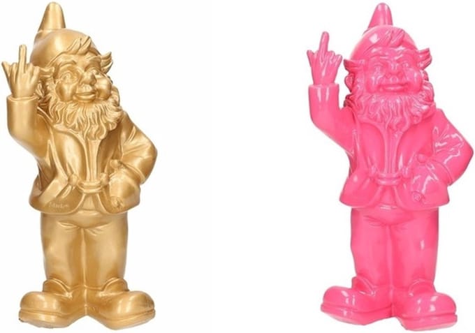 Tuinkabouters - 2x - goud/roze - polystone - 30 cm - middelvinger