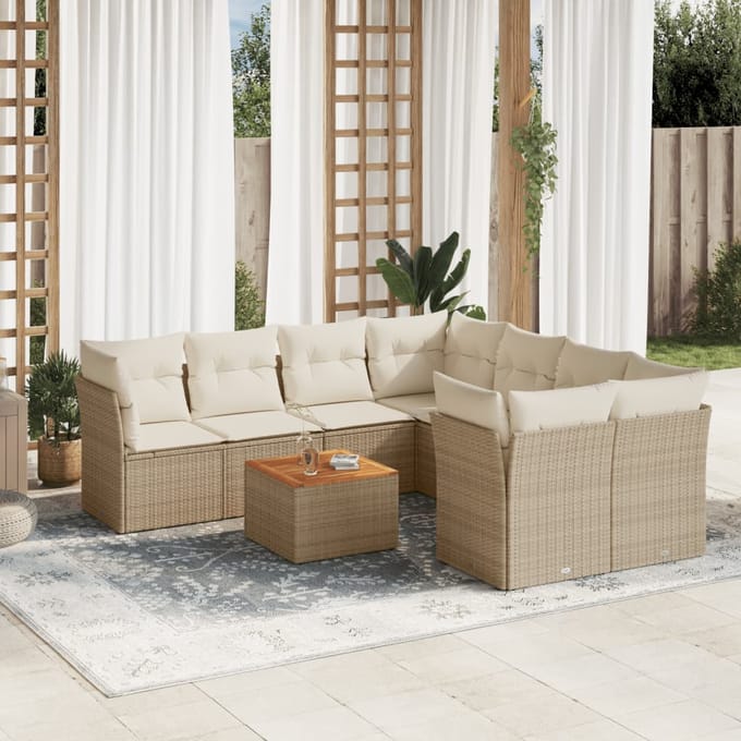 vidaXL - 9-delige - Loungeset - met - kussens - poly - rattan - beige