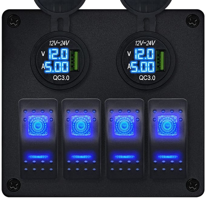 ProRide Schakelpaneel 12V voor Auto/Boot - USB Stopcontact met Voltmeter/Ampèremeter - QC3.0 - 4 schakelaars