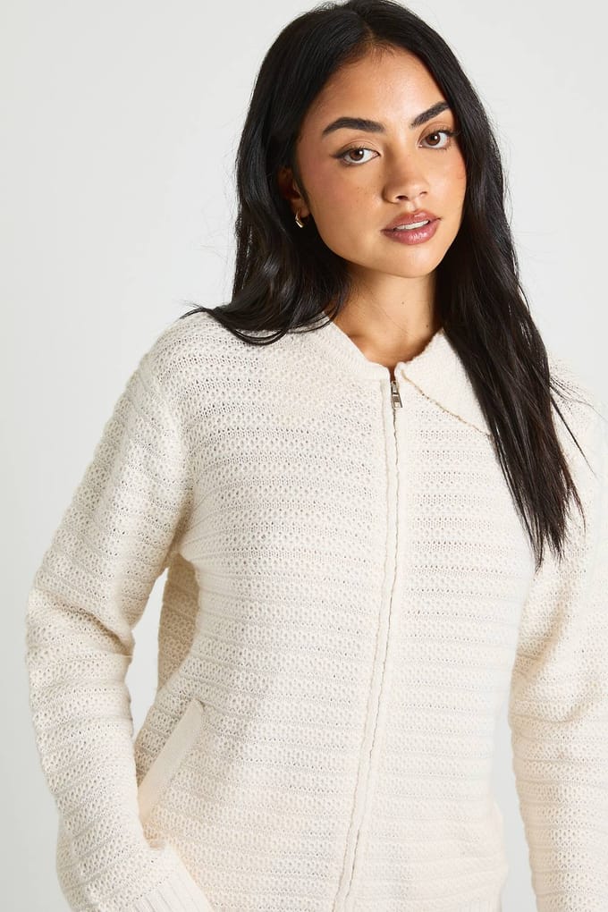 boohoo Dames Gebreide cardigan met ritssluiting en getextureerd kraagdetail | Creme | Maat: Medium