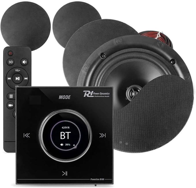 Power Dynamics Powerline B100B inbouw versterker met 4 plafondspeakers - 6.5 inch - 4x 25W - Zwart