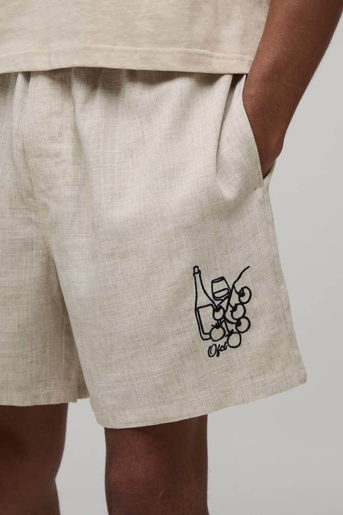 Relaxed Fit Linen Blend Boxer Style Embroidered Short | Natural | Size XL